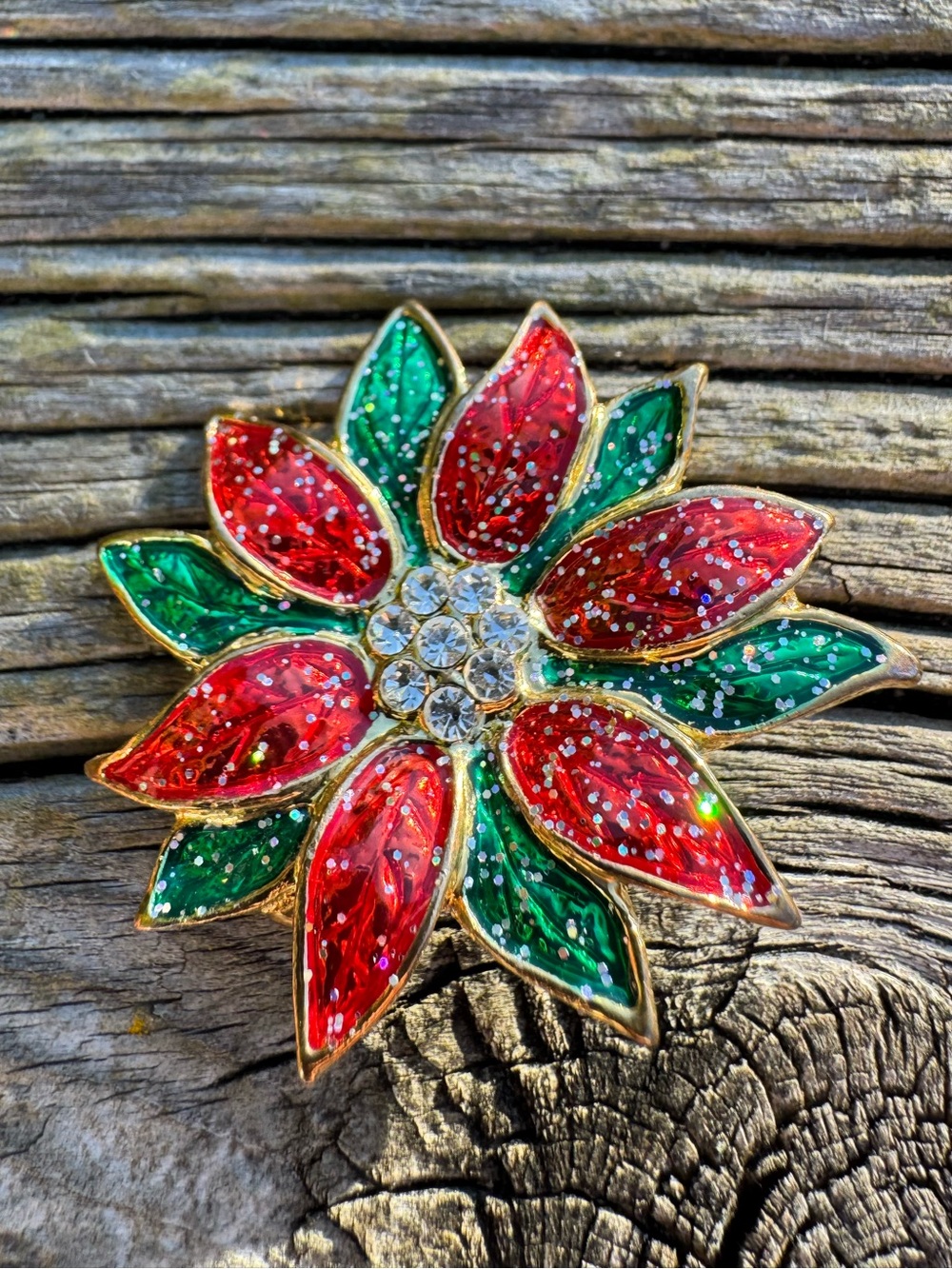 Festive Poinsettia Crystal Brooch - Red & Green Floral Pin